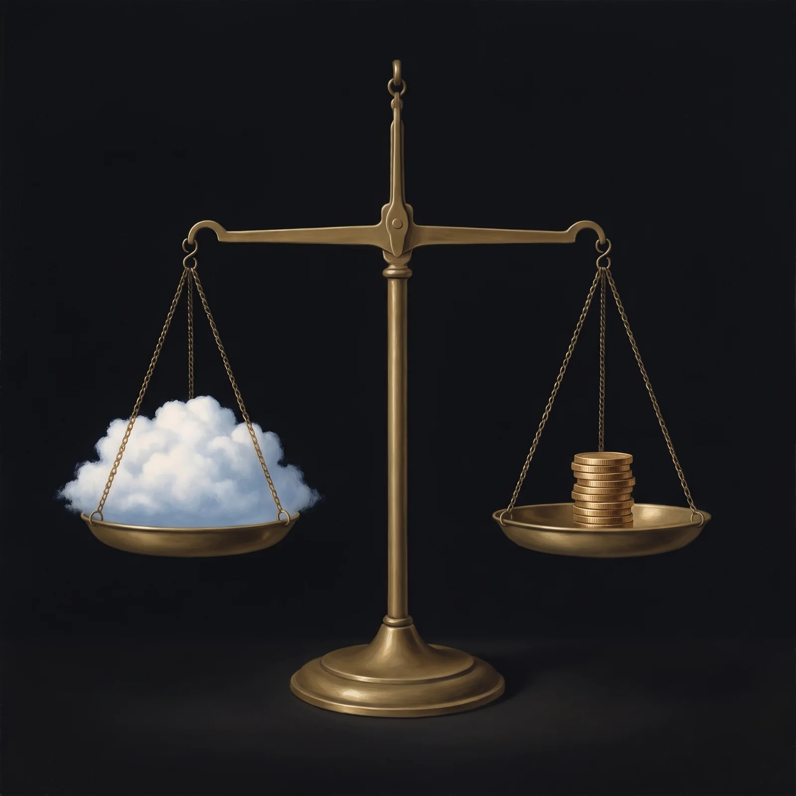 A brass scale holding a small white cloud on one pan and a stack of gold coins on the other, in perfect balance